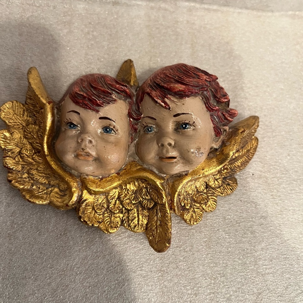 FONTANINI DUAL ADORABLE ANGEL CHERUB HEADS WALL PLAQUE DECOR